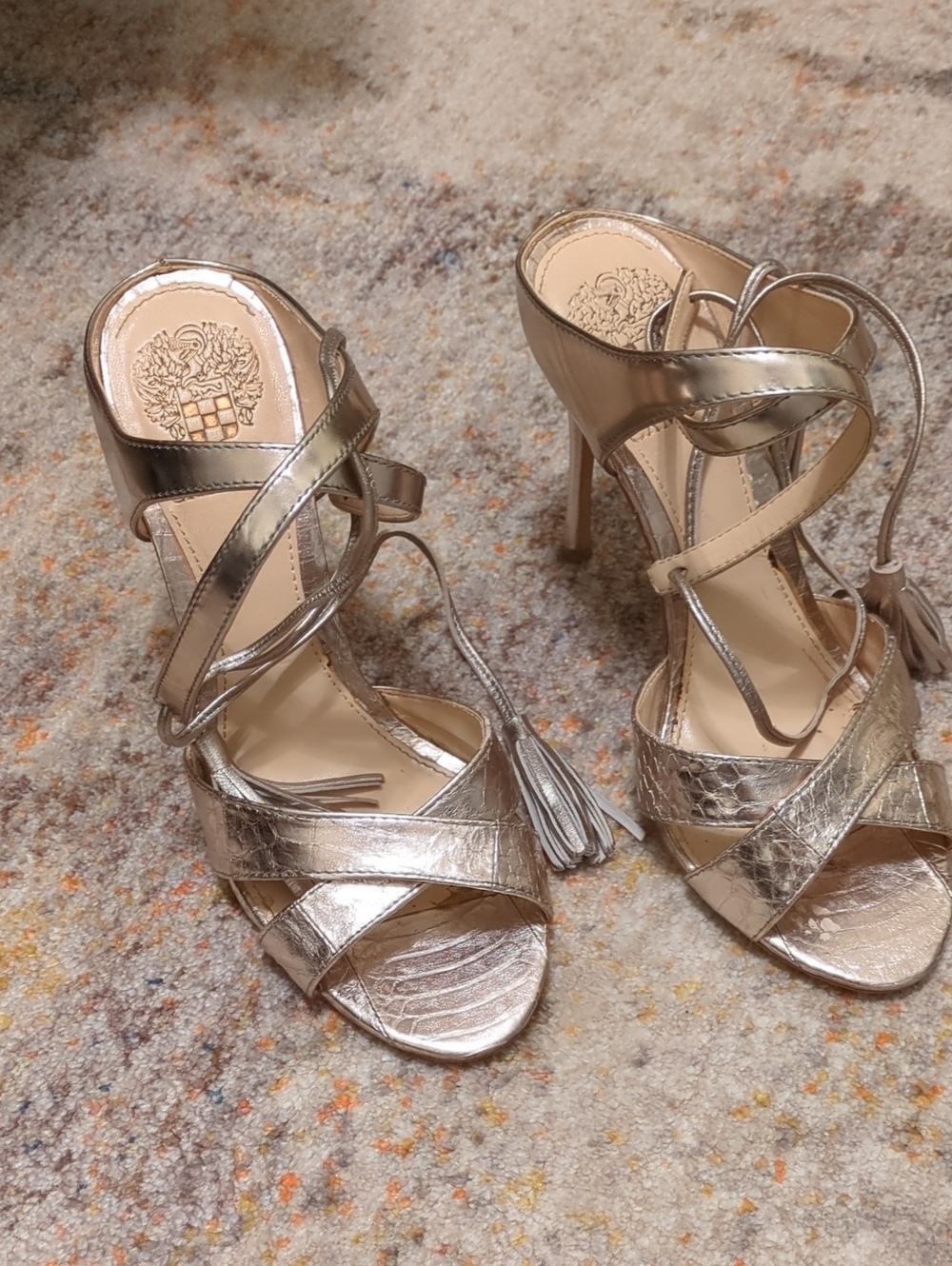 Metallic Gold Strappy High-Heel Sandals with Ankle Tie